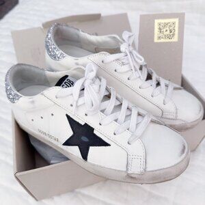 GOLDEN GOOSE Super-Star White Silver Glitter Heel Tab Black Star Barely Worn 38
